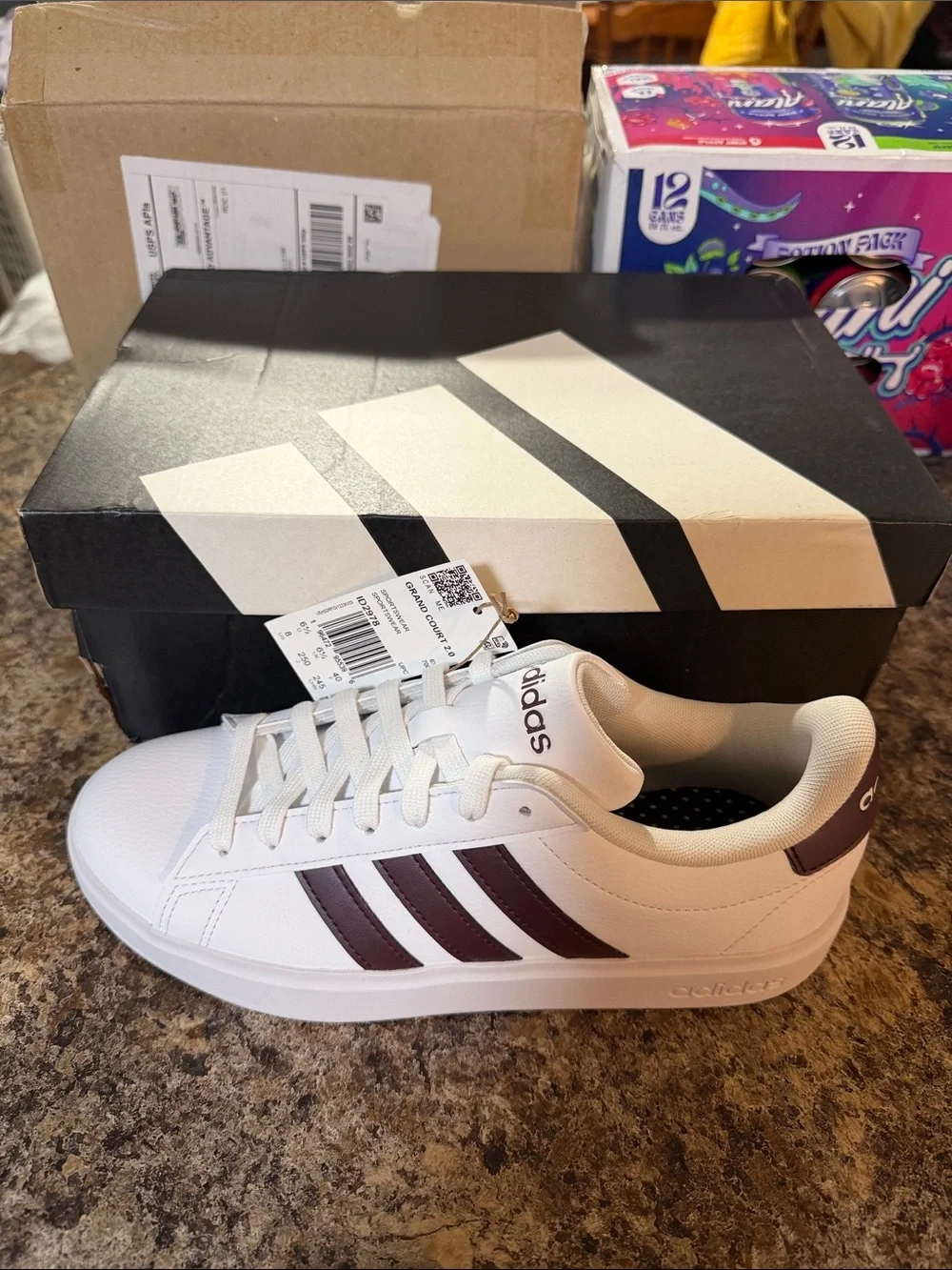 adidas White Sneakers with Burgundy Stripes